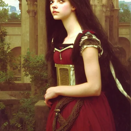 Image similar to detailed portrait painting of a princess who resembles Anya Taylor Joy, Chloe Grace Moretz, and Emma Watson in a steampunk cathedral by Michael Whelan, William Adolphe Bouguereau, John Williams Waterhouse,