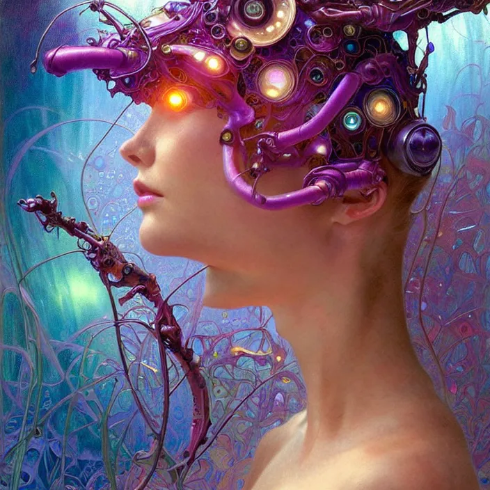 Image similar to psychedelic organic cyborg, saturated orchid, dew drops, diffuse lighting, fantasy, intricate, elegant, highly detailed, lifelike, photorealistic, digital painting, artstation, illustration, concept art, smooth, sharp focus, art by John Collier and Albert Aublet and Krenz Cushart and Artem Demura and Alphonse Mucha