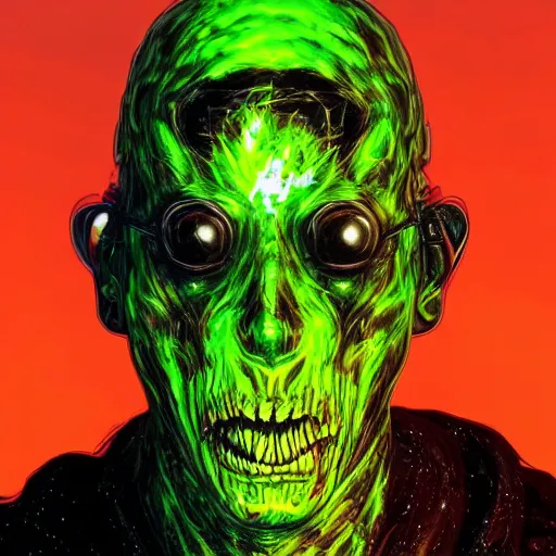 Image similar to portrait of nukeface, his face melting with radioactivity, nuclear glow, dark night in the swamps, hyper realistic, artstation