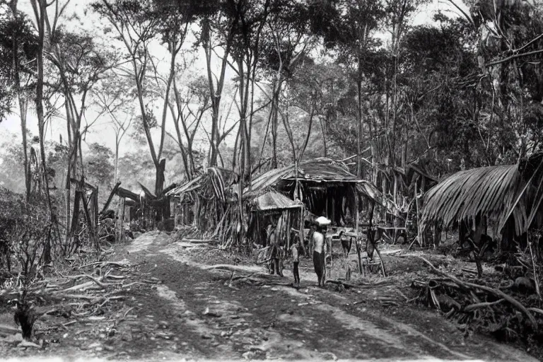 Image similar to a 1 9 0 5 colonial photograph of a african metrostation in a village at the river bank of congo, thick jungle, scary, evil looking, wide angle shot