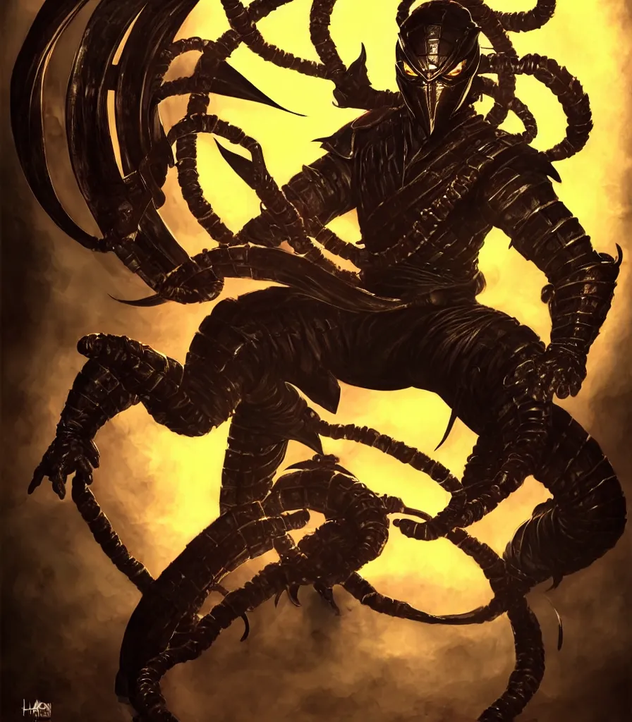 Image similar to portrait of hanzo hasashi scorpion from mortal kombat in the gates of a portal, full body shot, camera pulled back far, highly detailed dramatic lighting, artstation, atmospheric perspective, artgerm, mk ninja, epic ninja suit, intense contrast, 3 light sources, by lee bermejo, alphonse mucha and greg rutkowski