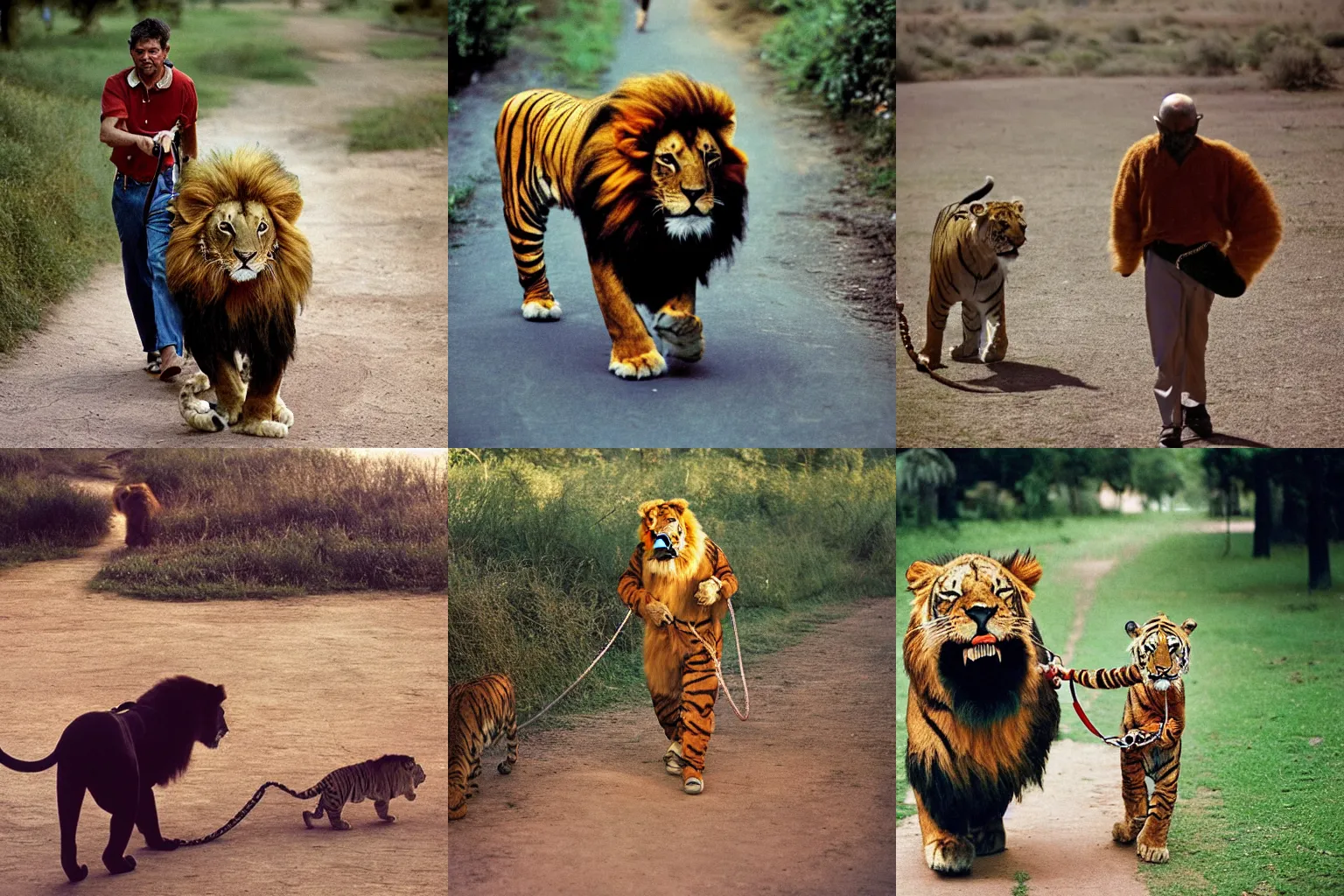 Prompt: A man in a lion costume walking a tiger on a leash, photo by steve mccurry