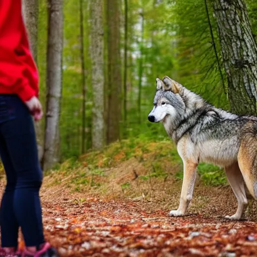 Image similar to in the forest, a timber wolf watches a blonde teenage girl wearing a red hoodie