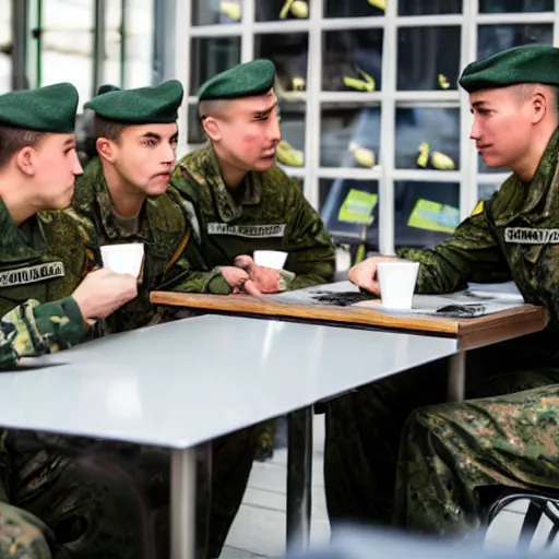 Image similar to a group of military solders sitting at the cafe and drinking coffee