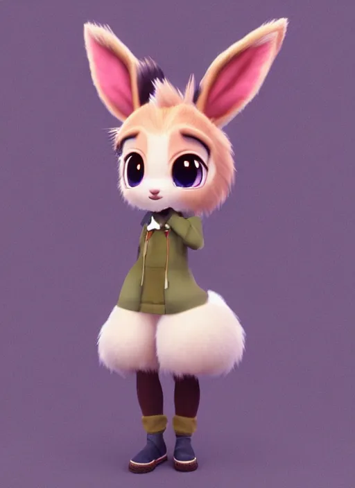 Image similar to female eevee mini cute girl, character adoptable, highly detailed, rendered, ray - tracing, cgi animated, 3 d demo reel avatar, style of maple story and zootopia, maple story eevee, fluffy, dark skin, cool clothes, soft shade, soft lighting