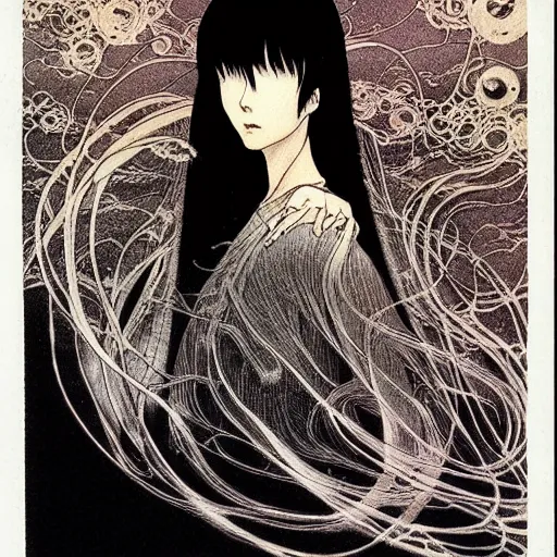 Image similar to prompt: Fragile looking soft light portrait face drawn by Takato Yamamoto and Katsuhiro Otomo, inspired by Ghost in Shell anime, magical and alchemical objects on the side, soft light, monochrome background, intricate detail, intricate ink painting detail, sharp high detail, manga and anime 2000