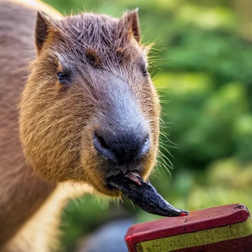 Image similar to photo of a capybara eating a nvidia gtx 1 9 9 0 gpu, nature photography, 8 k, canon 3 0 0 mm, professional photographer, 4 0 mp, lifelike, top - rated, award winning, realistic, sharp, no blur, edited, corrected, trending