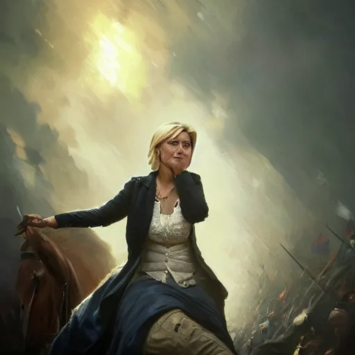 Image similar to Portrait of Marine le Pen , french revolution, heroic, amazing splashscreen artwork, splash art, head slightly tilted, natural light, elegant, intricate, fantasy, atmospheric lighting, cinematic, matte painting, detailed face, by Greg rutkowski