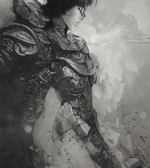 Image similar to anime woman in armor, pen and ink, intricate line drawings, by craig mullins, ruan jia, kentaro miura, greg rutkowski, loundraw