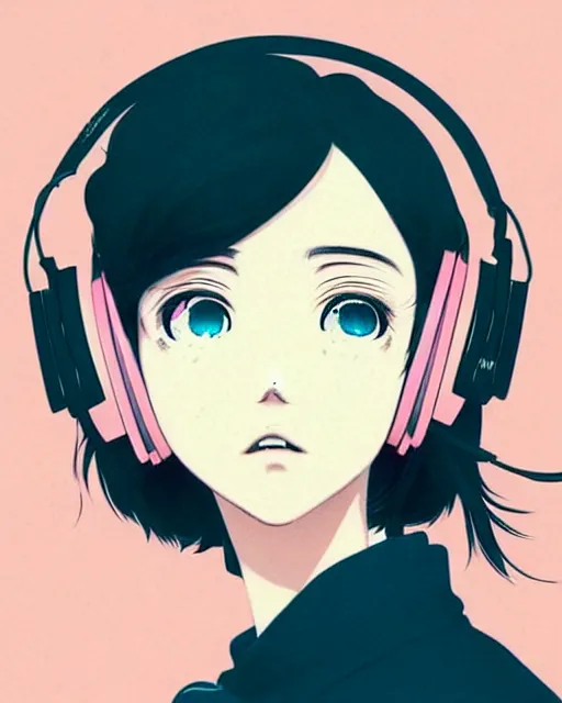 Prompt: girl wearing headphones, city background, very anime!!! anime!! intricate details, pleasing pastel colors, poster background, art by conrad roset and ilya kuvshinov