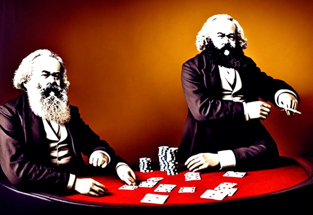 Image similar to Karl Marx playing poker in Las Vegas, ultra HD, studio light, photorealism