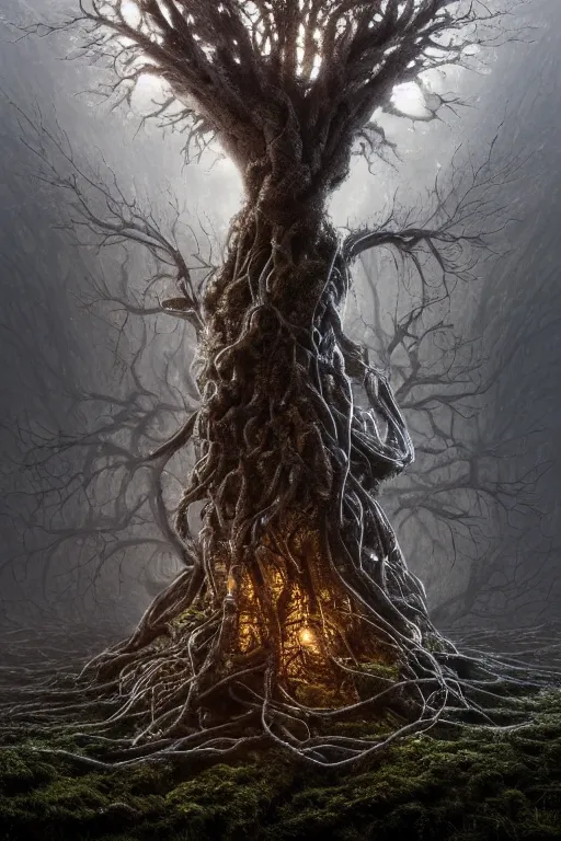 Image similar to a macro photo of an ancient tree made from cables and bio - organic micro organisms and metal parts and led growing in a mystical setting, cinematic, beautifully lit, by tomasz alen kopera and peter mohrbacher and craig mullins, 3 d, trending on artstation, octane render, 8 k