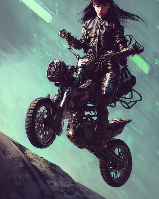 Image similar to cool girl wearing cyberpunk intricate streetwear riding dirt bike, beautiful, detailed portrait, cell shaded, 4 k, concept art, by wlop, ilya kuvshinov, artgerm, krenz cushart, greg rutkowski, pixiv. cinematic dramatic atmosphere, sharp focus, volumetric lighting, cinematic lighting, studio quality