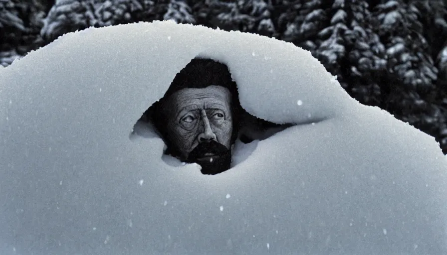 Image similar to 1 9 6 0 s movie still close up of marcus aurelius breast - plate dark cape frozen lay on the snow by the side of a river with gravel, pine forests, cinestill 8 0 0 t 3 5 mm b & w, high quality, heavy grain, high detail, texture, dramatic light, anamorphic, hyperrealistic, detailed hair, foggy
