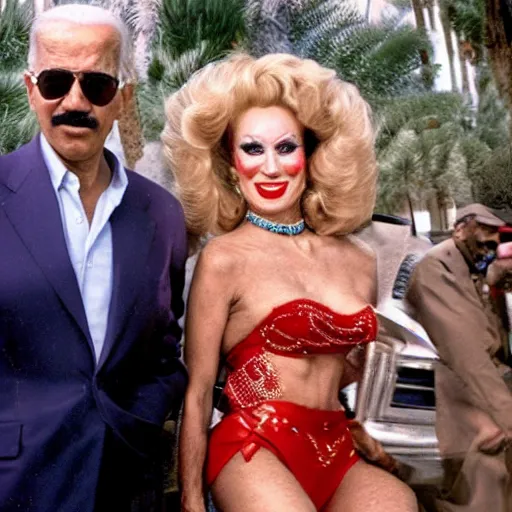 Image similar to UHD candid photo of Saddam Hussein and Joe Biden with a Vegas showgirl, accurate faces, UHD, photorealistic, correct face, photo by Annie Leibowitz