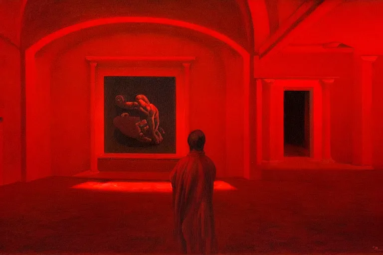 Image similar to only with red, crowd screaming, an exposed picture in a roman theater, in the style of beksinski, parts by edward hopper, parts by rodcenko, parts by yue minjun, intricate and epic composition, red by caravaggio, insanely quality, highly detailed, masterpiece, red light, artstation, 4 k