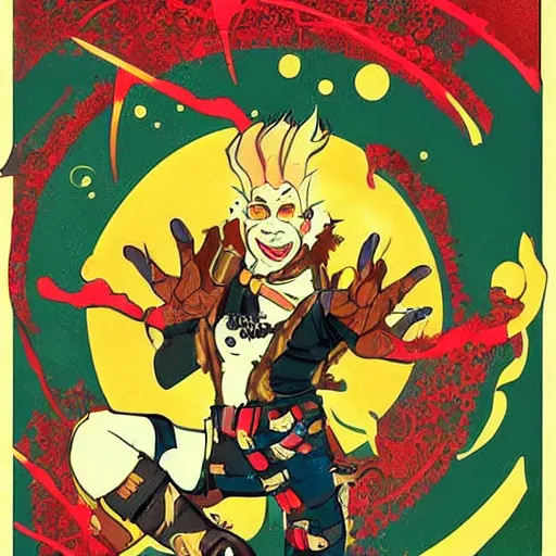 Prompt: junkrat from overwatch in the style of a 1 9 6 0 s art nouveau poster