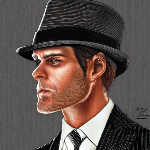 Image similar to a upper body portrait of a deer in a pinstriped suit and pants wearing a fedora with the antlers sticking out of the fedora adjusting his tie by artgerm and wlop, intricate detail, digital art, photorealistic, trending on artstation