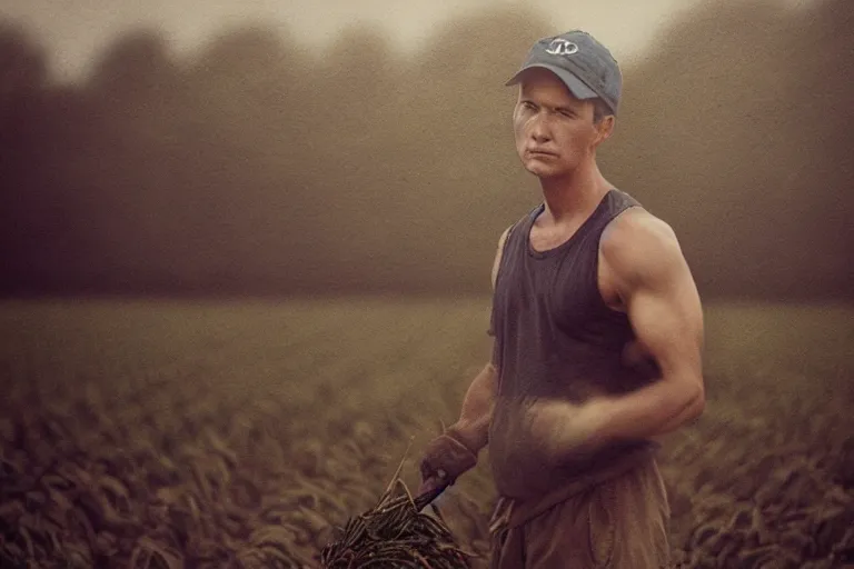 Image similar to a cinematic headshot portrait of a farmer, working out in the field, movie still, shallow depth of field, muted colors, by krenz cushart