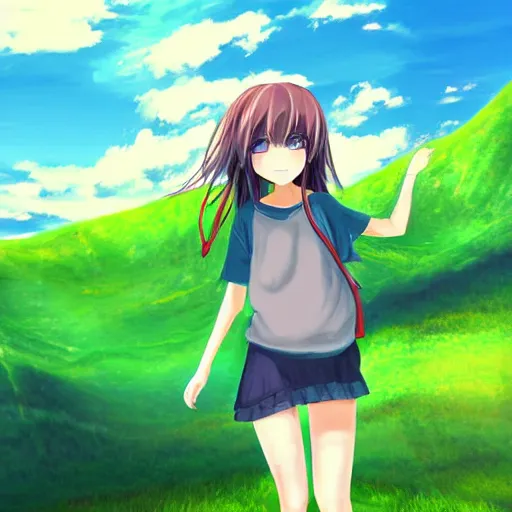 Prompt: anime girl in beautiful green valley and blue sky, digital art