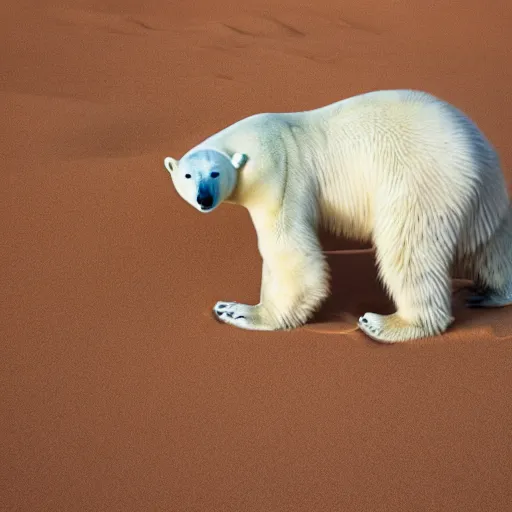 Image similar to multicolor photo of polar bear sits in the sahara desert by steve mccurry created at modern world in 4 k ultra high resolution and with medium shot, with funny feeling