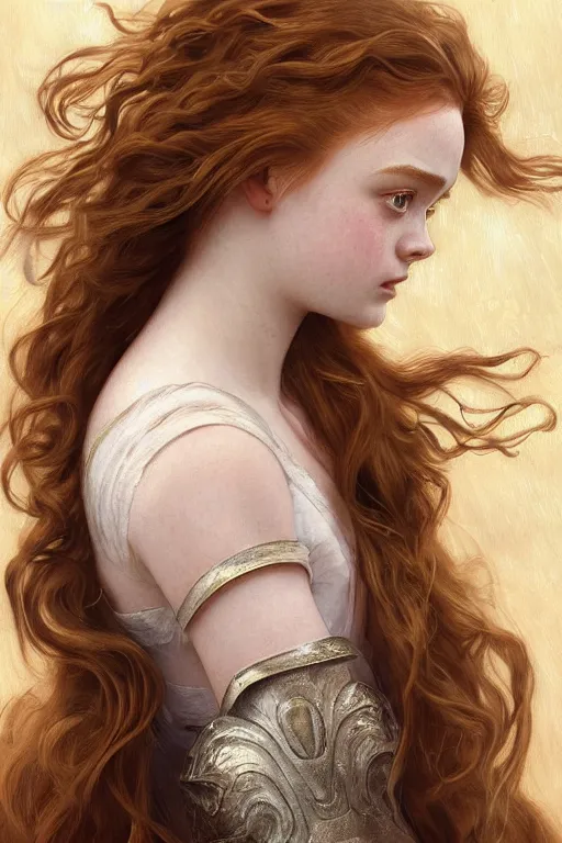 Image similar to Sadie Sink, sparkling eyes, stars in her eyes, shining eyes, grinning, elegant, enticing, sharp features, big flowing hair, traditional roman armor, highly detailed, digital painting, artstation, concept art, smooth, sharp focus, beautiful face, expressive eyes, illustration, art by Artgerm and greg rutkowski and alphonse mucha