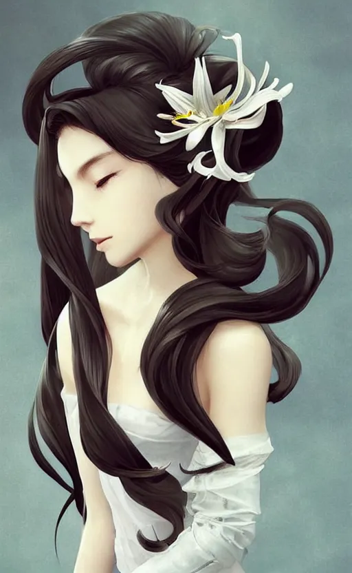 Image similar to beautiful long hairstyle with a lily and a few pearls, pinterest hair picture, back of the hair, hair is the focus, In style of Yoji Shinkawa, krenz cushart, Greg Rutkowski, highly detailed