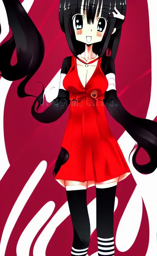 Image similar to anime girl with a detailed face and black hair in a red outfit placed in bottom half of illustration, full body, trending, illustration