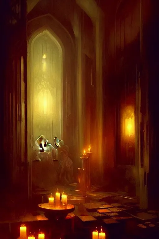 Prompt: dreamy dark hall with candles and dripping wax, fantasy art by bayard wu, trending on artstation, camille corot, stephan martiniere