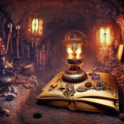 Image similar to epic Photo of an ancient dark byzantine cave interior, ornate oil lamp on a pile of crystals, books covered in jewels, ornate, surrounded by strange crystals and treasure, full of sand and glitter, hyper real, Indiana Jones, Tomb Raider, trending on artstation, concept art, cinematic, jewels, 35mm lens