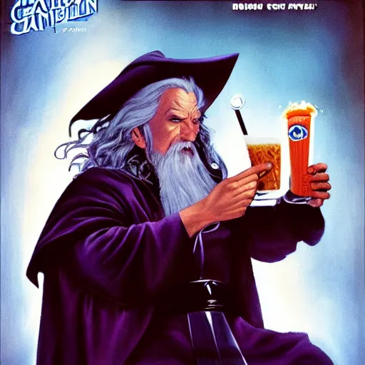 Prompt: comic book cover for'gandalf drinking a milkshake ', art by alex ross