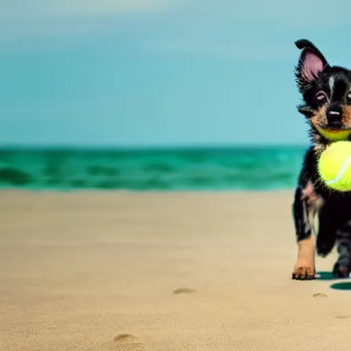 Prompt: cute puppy playing with a tennis ball at the beach, photo shoot, realistic, cinematic