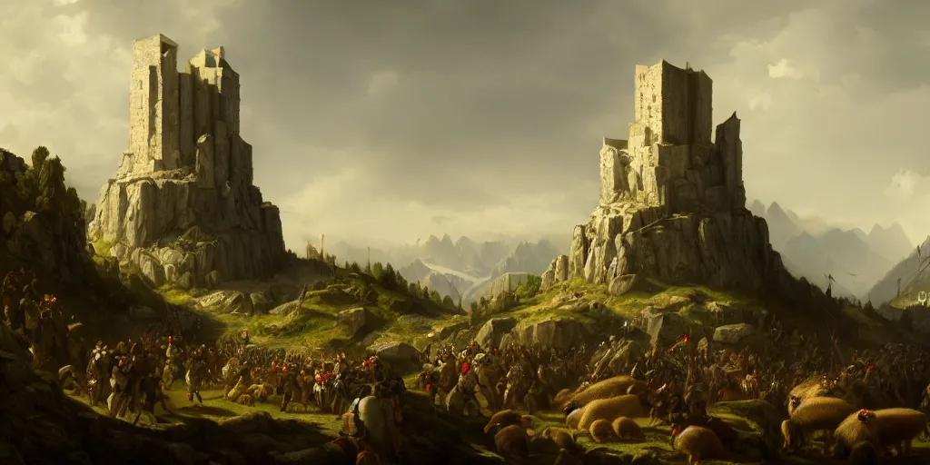 Image similar to landscape portrait of the bastille surrounded by marmots, trending on artstation