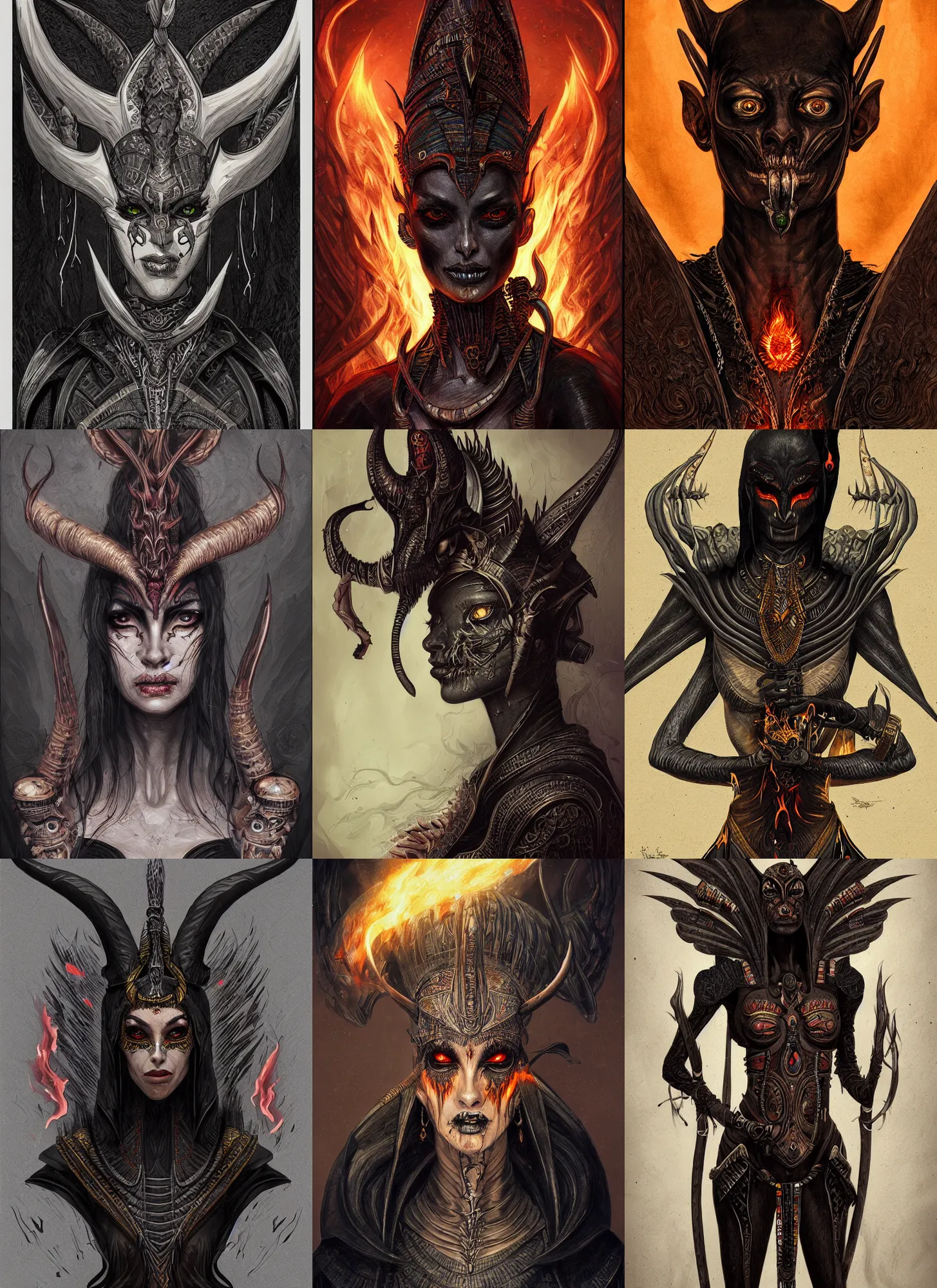 Prompt: black skinny corpse portrait horns, flaming eyes, hell, egyptian clothes, intricate, dark, highly detailed, artstation, sharp focus, illustration, mohrbacher, barlowe