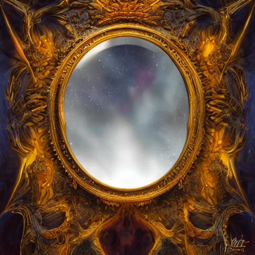 Prompt: a spell binding mirror, epic mystical background by Keith Thompson and Christopher Bretz, highly detailed, digital painting, HDRI, vivid colors, high contrast, 8k resolution, intricate, photorealistic, smooth