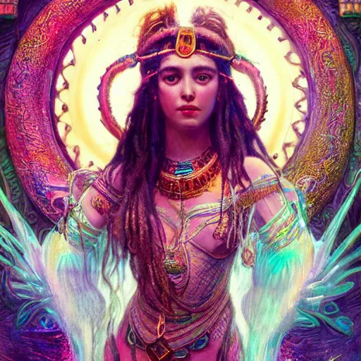 Image similar to artstation, intricate detail, hyper detail, portrait by gaston bussiere, tan skin, lady of elche, egyptian sumerian features, techno mystic goddess princess intergalactica inanna with aqua neon rapunzel dreadlocks,