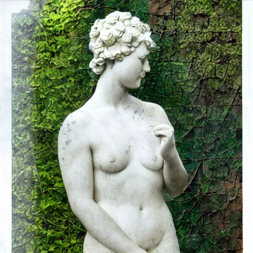 Prompt: delicate marble statue in a garden, stony, puffy, botanical herbarium paper, botanic, watercolors, pencil, iridescent colors, 8 k, realistic shaded, fine details, artstation, italian, colonnade, hydrangea, vines, gardena architecture, pompeii