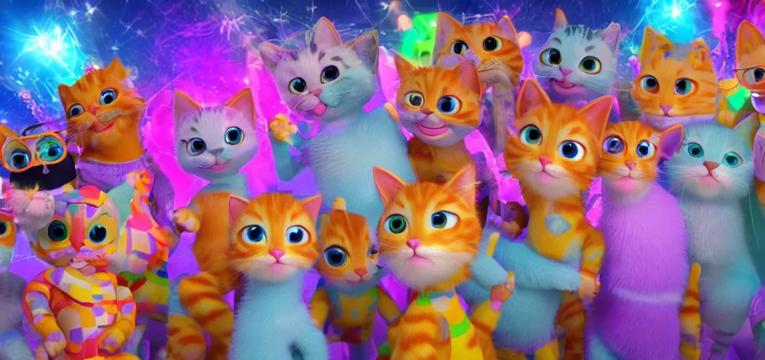 Image similar to disco dance party for adorable and cool kittens, highly detailed, Pixar, anamorphic lens