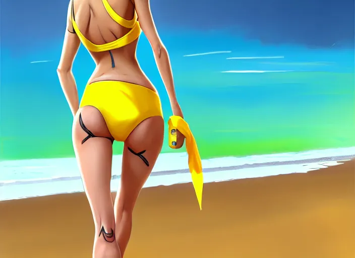 Prompt: tracer overwatch, toned legs, thongs, yellow hair, attractive look, sticks out her tongue, winks her eye, dressed in a yellow bikini, full length, wide hips, overlooking the beach, digital painting, realism