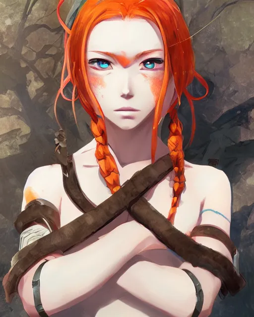 Image similar to An anime portrait of Ssunbiki as a ginger huntress with freckles from Skyrim, by Stanley Artgerm Lau, WLOP, Rossdraws, James Jean, Andrei Riabovitchev, Marc Simonetti, and Sakimichan, tranding on artstation, ultra realistic