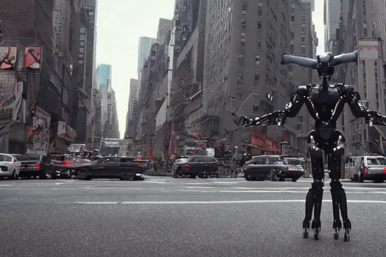 Image similar to VFX movie of a flying dark futuristic robot cyborg superhero with 6 arms levitating on New York street, atmospheric , by Emmanuel Lubezki