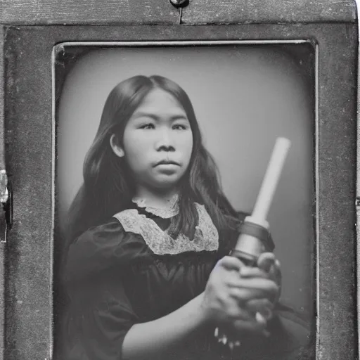 Prompt: Daguerreotype of a Filipino girl vaping