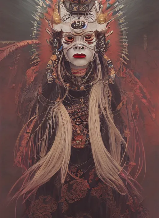 Prompt: a beautiful detailed oil on copper art illustration of a waka onna mask shogun devil woman, centered, by charlie bowater, zeng fanzh, trending on artstation, dim dusk lighting, cinematic lighting, detailed lighting, volumetric lighting, realistic, f 8, 4 k hd wallpaper