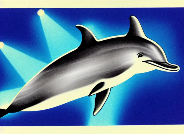 Image similar to professional 1980s airbrush illustration of a dolphin wearing a powdered wig