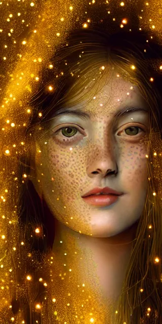 Image similar to a totally enraptured smiling young woman surrounded by golden firefly lights in a mesmerizing scene, sitting amidst nature fully covered, intricate detailed dress, long loose red hair, precise linework, accurate green eyes, small nose with freckles, smooth oval head, expressive emotions, hyper realistic ultrafine portrait by artemisia gentileschi, jessica rossier, artgerm