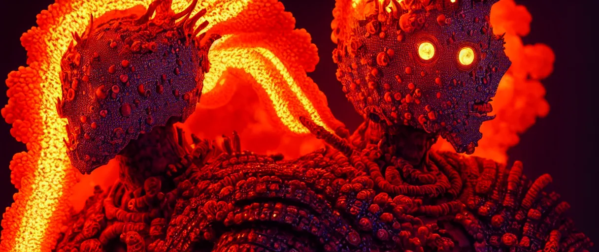 Image similar to hyperrealist highly detailed english medieval portrait of high fashion monster wearing flame fire smoke flame armor, radiating atomic neon corals, veiny network growth with neon uranium pattern, concept art pascal blanche dramatic studio lighting 8k wide angle shallow depth of field