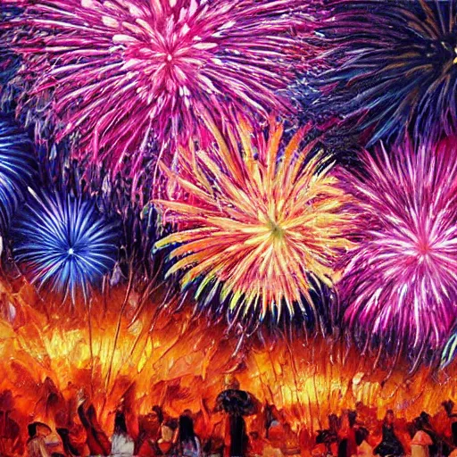 Prompt: When the fireworks are in full bloom by oil painting， clear background