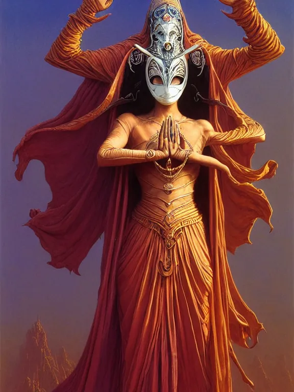 Prompt: soaring woman wearing a big mask with many long blades behind head. dressed in a long robe with wide sleeves and making namaste / anjali mudra gesture. fullbody highly detailed portrait, blurred background, concept art, masterpiece, fantasy art, hyperdetailed, hyperrealism, art by hildebrandt, donato giancola, larry elmore, arthur rackham, beksinski