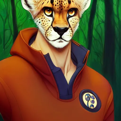 Image similar to don bluth, loish, artgerm, joshua middleton, anthropomorphic cheetah, wearing a track suit, smiling, symmetrical eyes, symmetrical face, colorful animation forest background