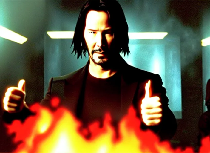 Image similar to A photo of Keanu Reeves as Neo in The Matrix movie doing a thumb up to the camera in front on burning servers, servers in flames in the background, happy system administrator doing a thumb up, uncropped, full body, crispy, ultra detailed